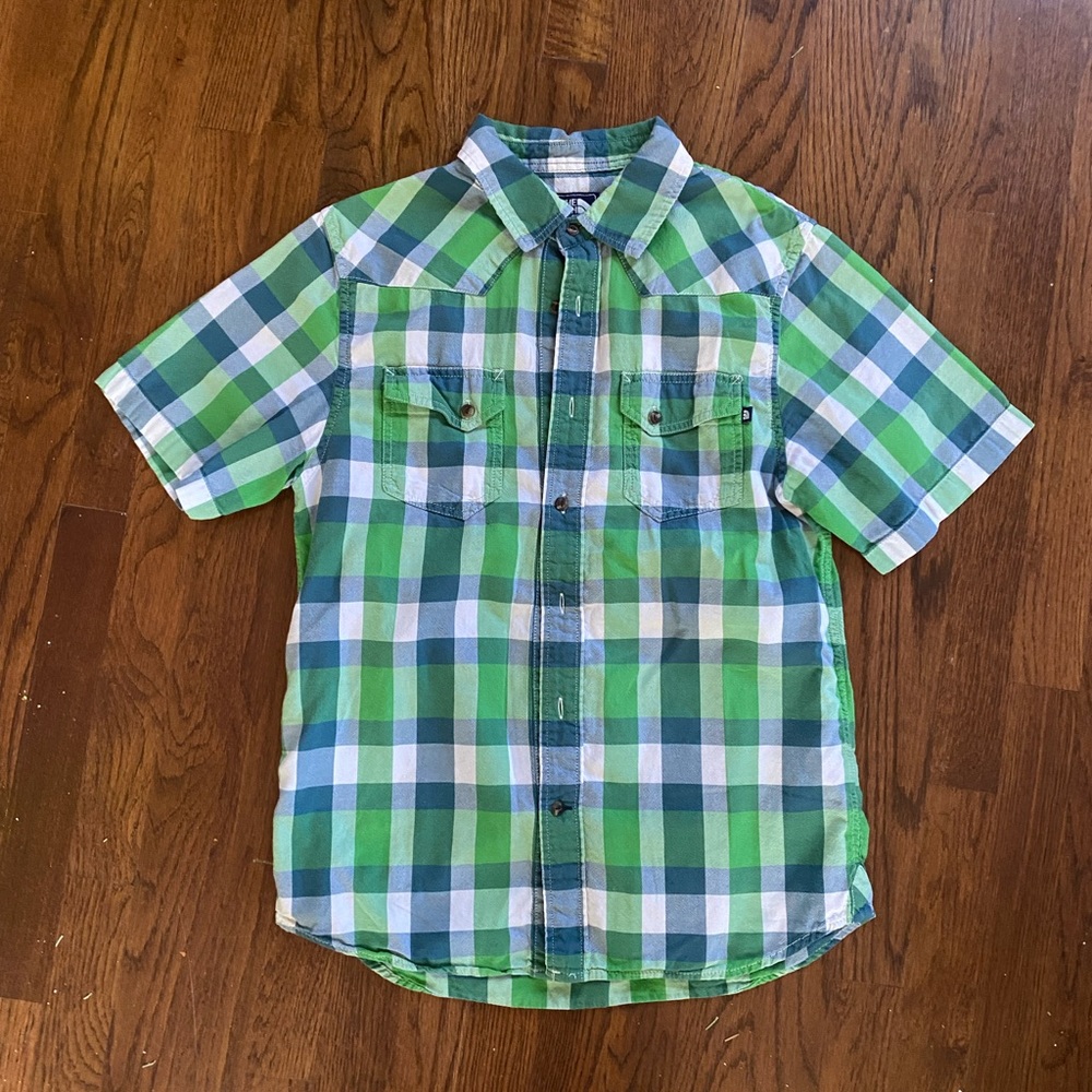 The North Face Mens Medium BLUE/Green plaid Button up shirt zipper front pocket